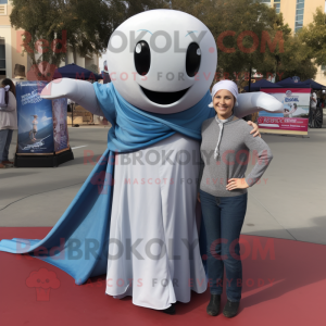 Silver Whale mascot costume character dressed with a Mom Jeans and Scarf clips