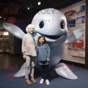 Silver Whale mascot costume character dressed with a Mom Jeans and Scarf clips