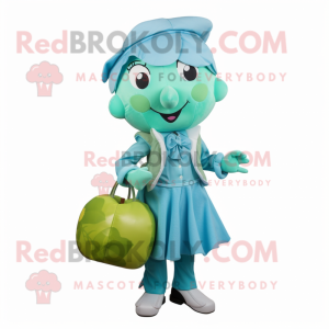 Cyan Apple mascot costume character dressed with a Blouse and Handbags