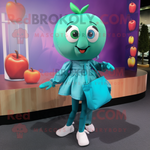 Cyan Apple mascot costume character dressed with a Blouse and Handbags