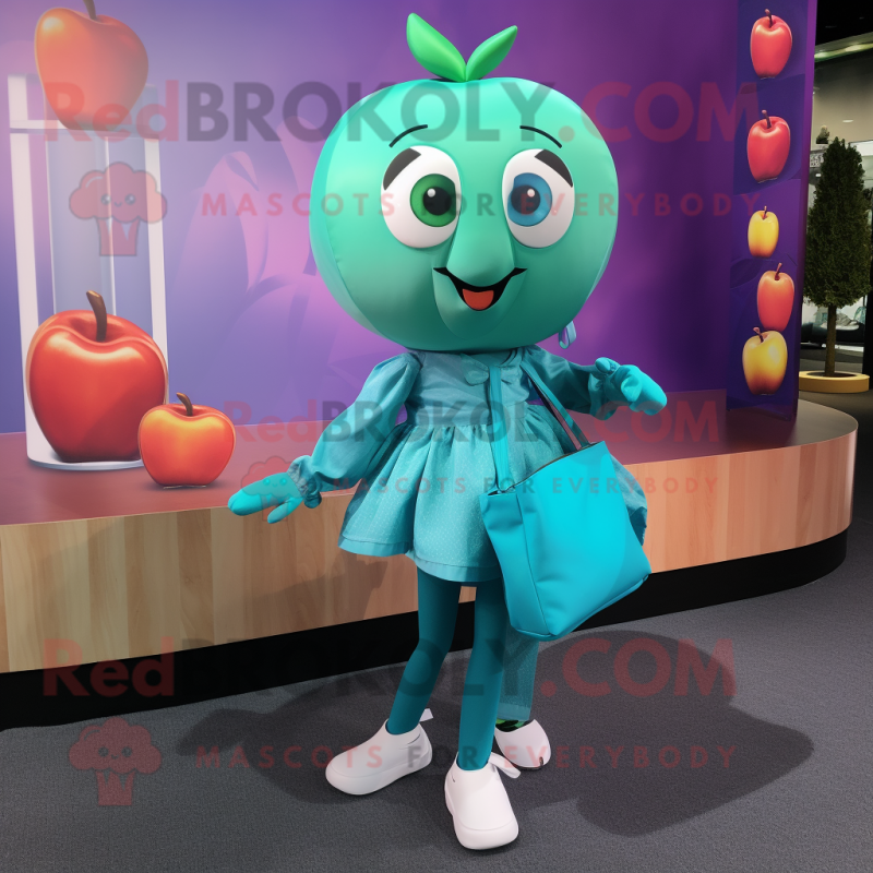 Cyan Apple mascot costume character dressed with a Blouse and Handbags