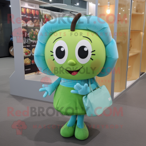 Cyan Apple mascot costume character dressed with a Blouse and Handbags