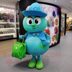 Cyan Apple mascot costume character dressed with a Blouse and Handbags