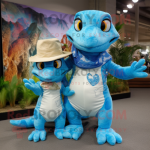 Sky Blue Geckos mascot costume character dressed with a Mom Jeans and Hats