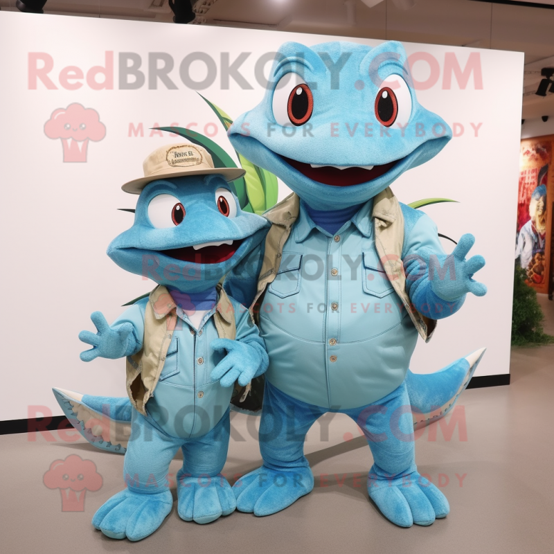 Sky Blue Geckos mascot costume character dressed with a Mom Jeans and Hats