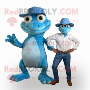 Sky Blue Geckos mascot costume character dressed with a Mom Jeans and Hats