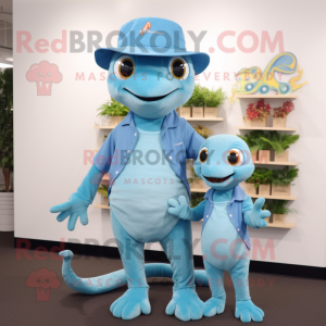 Sky Blue Geckos mascot costume character dressed with a Mom Jeans and Hats