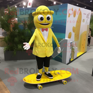 Lemon Yellow Skateboard mascot costume character dressed with a Dress Pants and Suspenders