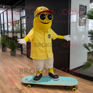 Lemon Yellow Skateboard mascot costume character dressed with a Dress Pants and Suspenders