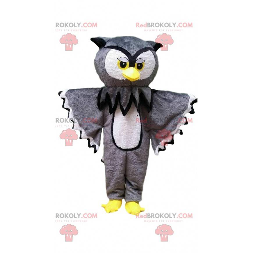 Mascotte de hibou gris et blanc géant, costume de chouette -