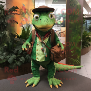 Forest Green Lizard mascot costume character dressed with a Waistcoat and Messenger bags