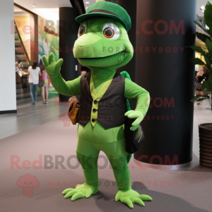 Forest Green Lizard mascot costume character dressed with a Waistcoat and Messenger bags