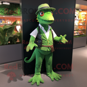 Forest Green Lizard mascot costume character dressed with a Waistcoat and Messenger bags