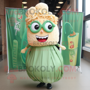 Peach Pesto Pasta mascot costume character dressed with a Wrap Skirt and Eyeglasses