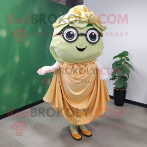 Peach Pesto Pasta mascot costume character dressed with a Wrap Skirt and Eyeglasses