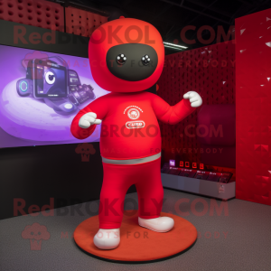 Red Astronaut mascot costume character dressed with a Yoga Pants and Digital watches