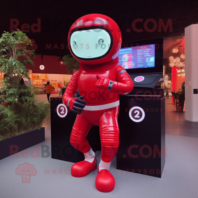 Red Astronaut mascot costume character dressed with a Yoga Pants and Digital watches