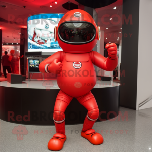 Red Astronaut mascot costume character dressed with a Yoga Pants and Digital watches