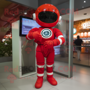 Red Astronaut mascot costume character dressed with a Yoga Pants and Digital watches