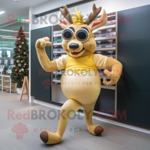 Gold Reindeer mascot costume character dressed with a Yoga Pants and Reading glasses