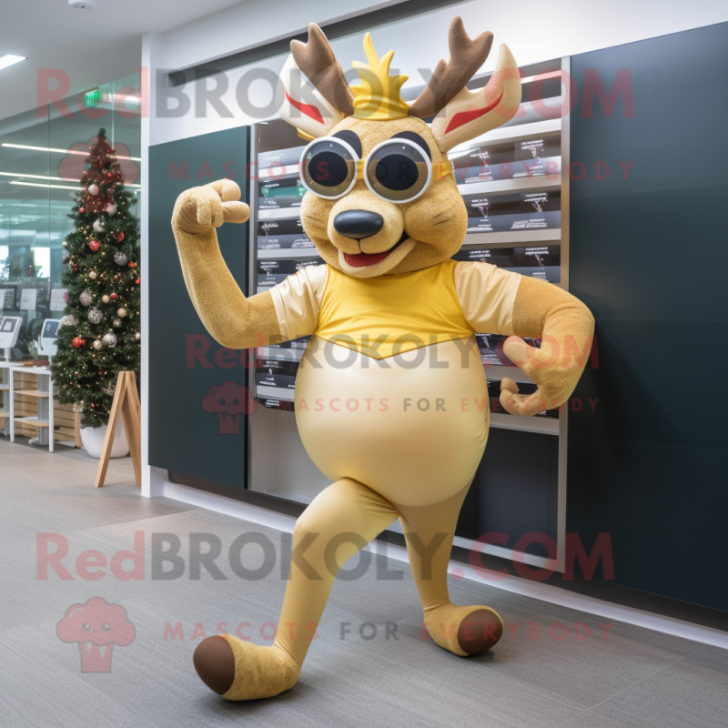 Gold Reindeer mascot costume character dressed with a Yoga Pants and Reading glasses Gold Reindeer mascot costume character dressed with a Yoga Pants and Reading glasses