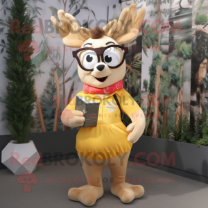 Gold Reindeer mascot costume character dressed with a Yoga Pants and Reading glasses