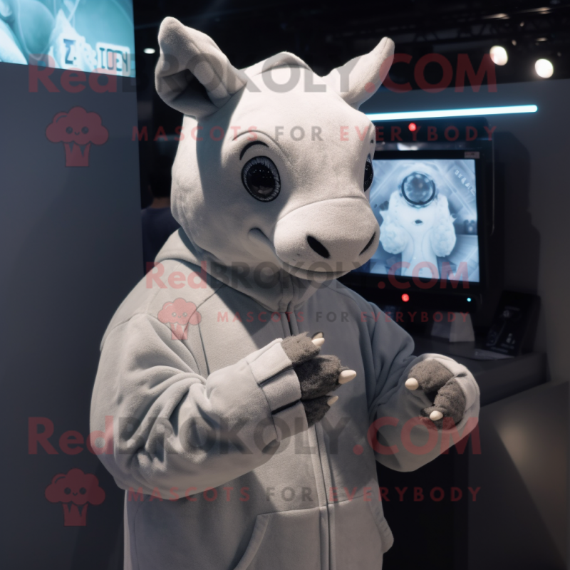 Gray Rhinoceros mascot costume character dressed with a Hoodie and Earrings