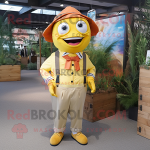 Lemon Yellow Clown Fish mascot costume character dressed with a Oxford Shirt and Suspenders