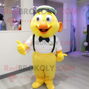 Lemon Yellow Clown Fish mascot costume character dressed with a Oxford Shirt and Suspenders