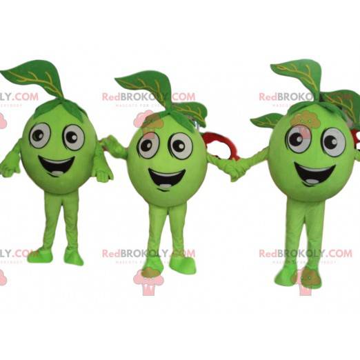 3 zielone jabłka, zielone maskotki owocowe, olbrzymie oliwki -