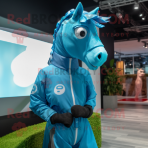 Cyan Horse mascot costume character dressed with a Windbreaker and Rings