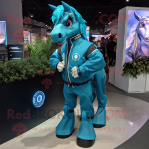 Cyan Horse mascot costume character dressed with a Windbreaker and Rings