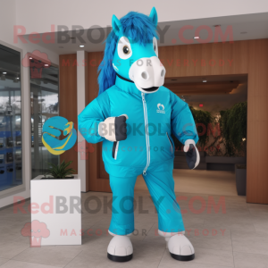 Cyan Horse mascot costume character dressed with a Windbreaker and Rings