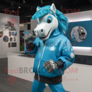 Cyan Horse mascot costume character dressed with a Windbreaker and Rings