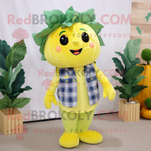 Lemon Yellow Cabbage mascot costume character dressed with a Flannel Shirt and Hair clips
