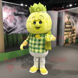Lemon Yellow Cabbage mascot costume character dressed with a Flannel Shirt and Hair clips