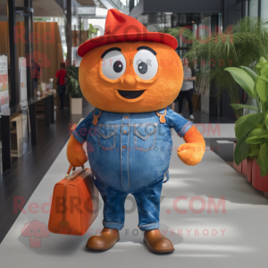 Orange Steak mascot costume character dressed with a Denim Shirt and Handbags