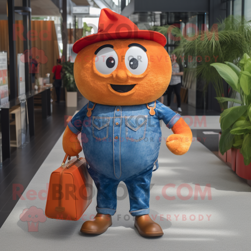 Orange Steak mascot costume character dressed with a Denim Shirt and Handbags Orange Steak mascot costume character dressed with a Denim Shirt and Handbags
