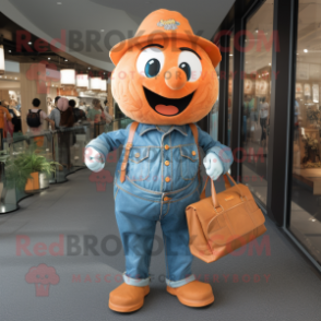 Orange Steak mascot costume character dressed with a Denim Shirt and Handbags