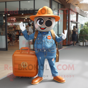 Orange Steak mascot costume character dressed with a Denim Shirt and Handbags