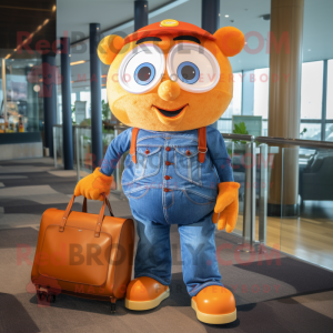 Orange Steak mascot costume character dressed with a Denim Shirt and Handbags