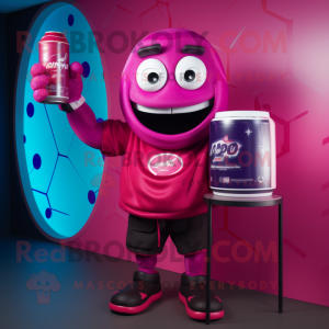Magenta Soda Can mascot costume character dressed with a Rugby Shirt and Rings