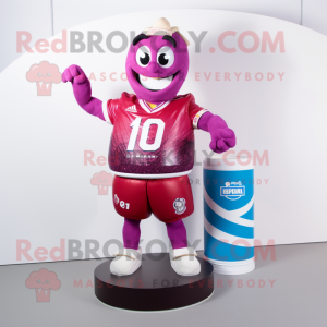 Magenta Soda Can mascot costume character dressed with a Rugby Shirt and Rings