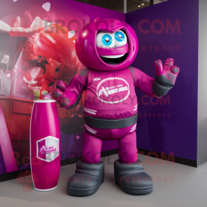 Magenta Soda Can mascot costume character dressed with a Rugby Shirt and Rings