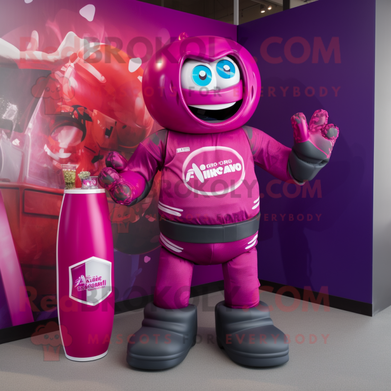 Magenta Soda Can mascot costume character dressed with a Rugby Shirt and Rings Magenta Soda Can mascot costume character dressed with a Rugby Shirt and Rings