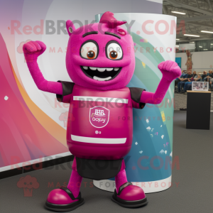 Magenta Soda Can mascot costume character dressed with a Rugby Shirt and Rings