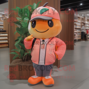 Peach Mango mascot costume character dressed with a Bomber Jacket and Tote bags