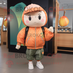 Peach Mango mascot costume character dressed with a Bomber Jacket and Tote bags