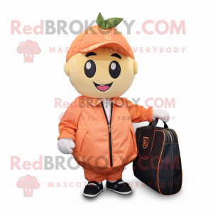 Peach Mango mascot costume character dressed with a Bomber Jacket and Tote bags