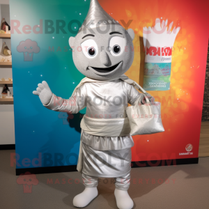 Silver Tikka Masala mascot costume character dressed with a Romper and Handbags